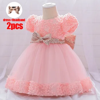 PLBBFZ Send Headban Pink Sequin Baby Girl Dress First Birthday Dress For Kids Christening Big Bow Party Wedding Princess Dresse