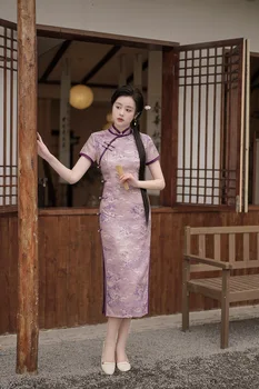plius dydžio moterys Qipao vasaros tradicinė kinų Cheongsam vintažinė klasikinė spauda Satin Vestidos seksuali plona banketinė suknelė