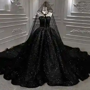 Prabangios juodos vestuvinės suknelės be petnešėlių Katedros traukinys Helovino balinė suknelė moterims Imperijos princesės blizgantys nuotakos chalatai