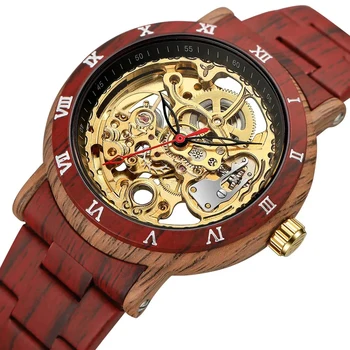 Prabangus automatinis mechaninis laikrodis vyrams Nerūdijančio plieno skeletas Reloj Vyriškas medžio grūdas Raudonas laikrodis Man Hombre Relogio Masculino