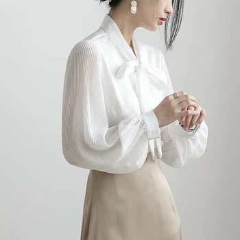 prancūziška prašmatni palaidinė balta moteriška ilgomis rankovėmis Solidūs pavasario vasaros marškiniai moterims Elegantiški biuro ponios Tops moteriški drabužiai