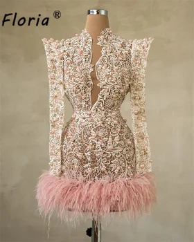 Pretty Fashion Pink Trumpa kokteilinė suknelė Perlai Plunksna Nėriniai Couture Prom Party suknelės ilgomis rankovėmis chalatas de bal Žavingas kilimo ir tūpimo takas