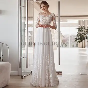 Pusės rankovės A-Line vestuvinė suknelė Nėrinių aplikacijos O-Neck civilinė nuotakos suknelė su sagomis Atgal Tiulio grindų ilgis