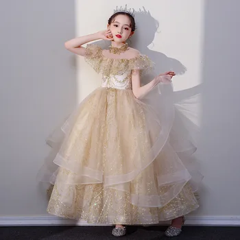 Pūkuota mergaitė Oficiali suknelė Vaikų blizgučių drabužių ceremonija Elegantiškos mergaičių suknelės vakarėliams Paauglių bendrystės kamuoliniai chalatai