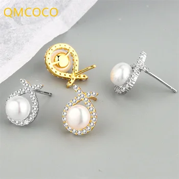 QMCOCO Fashion Vintage Korean Zircon Earstud Women Handmade Simple Pearl Geometry Jewelry Silver Color Madingi aksesuarai