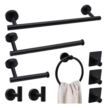 Rankšluosčių strypų rinkinys be perforavimo Coat Hook Set 9 Piece Black Bathroom Hardware Set Towel Bar Set Bathroom Wall Towel Shelf