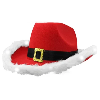 Raudonas kalėdinis vakarėlis su vakarietiškos karnavalo tematikos kalėdinėmis dekoracijomis su kaubojiška suktuko kaubojaus Kalėdų senelio skrybėle