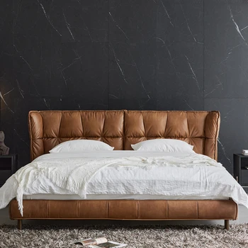 Raumenų lova Namų miegamasis Pagrindinis miegamasis Didelė lova Aukščiausios klasės atmosfera Dvigulė lova Mažas butas Moderni minimalistinė odinė lova