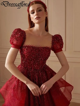 Red Glitter Crystal Ruffles Dubai A-Line vakarinė suknelė trumpomis rankovėmis blizgantys karoliukais Oficiali vakarėlio apranga