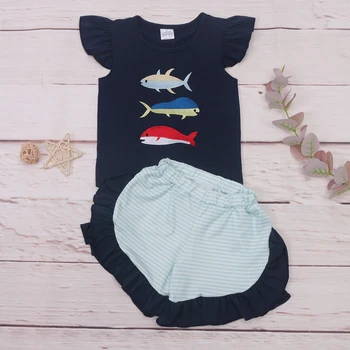 Roap Baby Girl Cotton Sleeveon Black T-shirt Set Round Neck Three Fish Print Gril Top Clothes And Green Lattice Shorts Suit