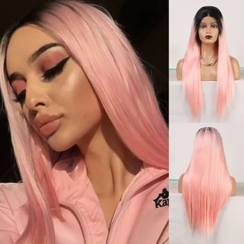 RONGDUOYI Ombre Pink Ilgi tiesūs natūralūs plaukai Vidurinė dalis Karščiui atsparus sintetinis nėrinių priekinis perukas juodaodėms moterims Cosplay naudojimas