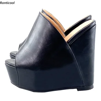 Ronticool 2021 Rankų darbo moteriškos mulų basutės Unisex Slip On Wedges High Heel Open Toe Classic Black Casual Shoes JAV dydis 5-20
