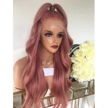 Rožinės spalvos kūno banga Išpešti sintetiniai plaukai Nėrinių priekinis perukas moterims Klijai be pluošto Plaukai Skaidrūs nėrinių perukai