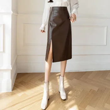 Rudas PU odinis sijonas Moteriškas Vidutinio ilgio rudas aukštas juosmuo padalintas pusės ilgio sijonas A- linijos klubinis vieno žingsnio sijonas rudenį ir žiemą