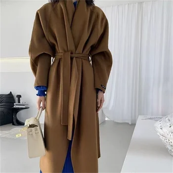 rudeninis ir žieminis naujas dvipusis vilnonis paltas moteriškas atlapas ilgas paltas