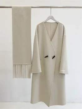 Ruduo žiema Naujas šalikas V formos kaklas Vilnonis paltas Moterys Laisva korėjiečių mada Šiltas dvipusis kašmyro paltas Vidutinio ilgio moteriškas paltas