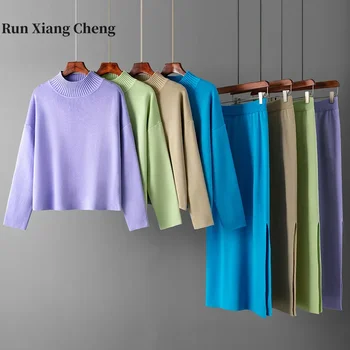 Runxiangcheng 2023 Ruduo/Žiema Naujas laisvalaikio laisvas megztinis Patogi ilga suknelė Dviejų dalių moteriškas komplektas Nemokamas pristatymas