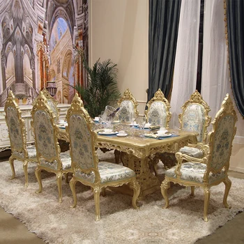 Rūmai Prancūziškos prabangios vilos baldų restoranas Šampano aukso medžio masyvo stačiakampis raižytas valgomojo stalo ir kėdės derinys