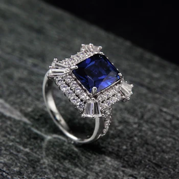 S925 Sidabriniai mėlyni deimantiniai žiedai Moteriškas stačiakampis piršto žiedas Moteris 8 * 10mm Aukštos anglies cirkono prabangių papuošalų dovanų dama
