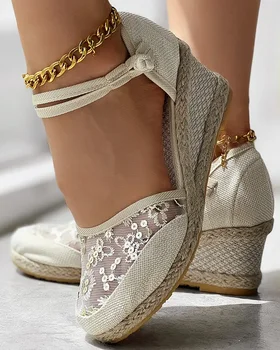 Sandalai Siuvinėjimas Pintas Espadrilės kulkšnis Dirželis Pleištinis tinklelis Blizgančios moterys 6cm aukštakulniai Espadrilės sandalai Kvėpuojantys batai