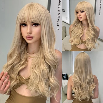 Sandy Blonde Auksiniai banguoti sintetiniai perukai su ilgais kirpčiukais Cosplay Lolita Party plaukų perukai moterims Natūralus atsparumas karščiui
