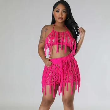 Sexy Crochet Hollow Out See-through Holiday Beach Tassel Short Sets Halter Crop Top and Shorts 2 Piece Sets Female Outfits Summer