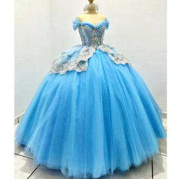 Sky Blue Sweetheart Quinceanera suknelės 2023 Off Shoulder Ball Gown Sweet 16 Suknelių karoliukai Aplikacijos Gimtadienio vakarėlio chalatai