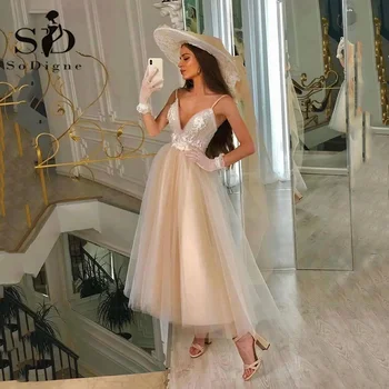SoDigne vasaros šampano trumpa vestuvinė suknelė 2022 Arbatos ilgis V kaklo nuotakos suknelė A-Line Tiulio vestuvinės suknelės moterims
