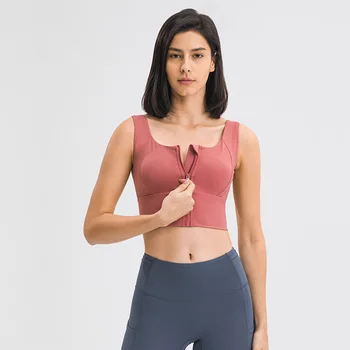 Solid Color Fitness Bra Soft Women Tank Top Plus Size Push Up Yoga Vest Top Reguliuojamas priekinis užtrauktukas su krūtinės padu Gym apatiniai drabužiai
