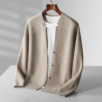 Spring New 100% Pure Wool Cardigan Vyriškas stand-up apykaklės megztas paltas Laisvas lengvas verslo laisvalaikio madingas paltas ilgomis rankovėmis.