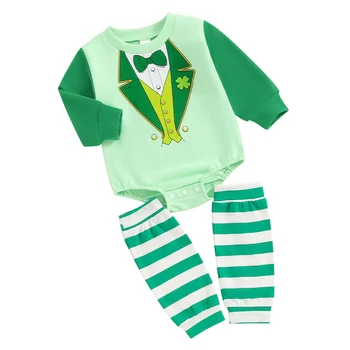 St Patrick s Day Smėlinukas kūdikiams Mergaitėms Berniukai Žalios ilgos rankovės Patchwork Romper džemperis Viršutinė dryžuota koja