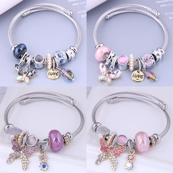 Stainles Steel Crystal Pearls Butterfly Pendant Beadant Bracelet Bangles for Women Cuff Branklet