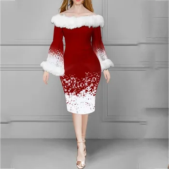 suknelė su apvalkalu moterims nuo pečių pasvirojo brūkšnio kailio apykaklė Y2K kalėdinė suknelė Mada Elegantiška kailio apykaklė Plonas tinka Bodycon suknelė