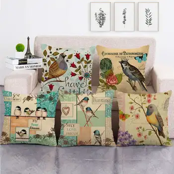 Summer Bird Pillow Case Vintage Flower Cotton Linen Pillow Author Garden Chair Pillow Cover for sofa-bed Bedroom 45x45cm