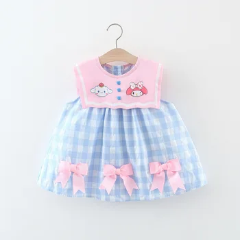 Summer New Baby Girls Dress School Style Small Animal Print Blue Plaid Bow Princess Dress Handless Lightweight