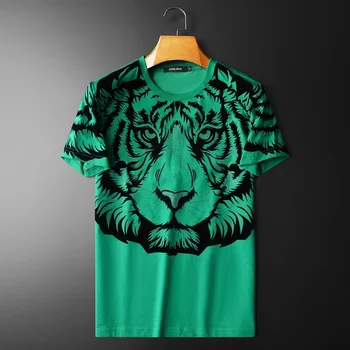 Summer Tiger Pattern Hot Drill T Shirt Men Short Sleeve Fashion Rhinestones T-shirt Men Streetwear Casual O-Neck Tee Shirt Homme