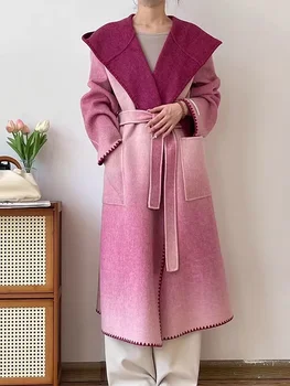 SuperAen 2023 Žiema Naujas dvipusis vilnos gradiento spalva Aukštos kokybės kašmyro paltas su gobtuvu moteriškas paltas