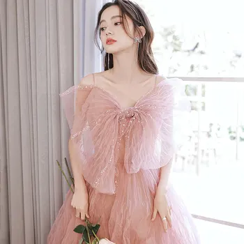 Sweet Bow Pink Vakarinė suknelė Pleat Tiulis Spagečių dirželis Prom suknelė Retro elegantiškas deimantinis karoliukas Lieknos vestuvinės suknelės