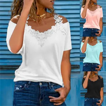 T marškinėlių viršūnės Tee Ladies Moteriška Vasarinė palaidinė Trumpomis rankovėmis Paprasti nėriniai plius dydis