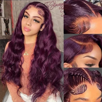 Tamsūs bordo nėrinių perukai Sintetiniai tamsiai violetiniai grynos spalvos kūno bangų nėrinių perukai juodaodėms moterims, iš anksto nupešti su kūdikių plaukais Cosplay