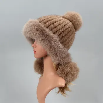 Tikra audinės kailio kepurė su lapės kailio kamuoliuku Ausinės Apsauginė kepurė Žieminė kepurė moterims Rusiška rudens kepurė Lapė Kailio pupelės Krenta variklio dangčiai