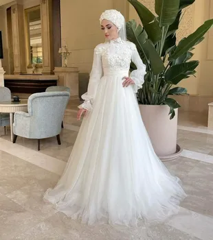 Tiulio aplikacijos musulmoniška vestuvinė suknelė nuotakai ilgomis rankovėmis aukštu kaklu nuotakos suknelė Hijab Dubai arabiškas chalatas De Vestidos de Novia