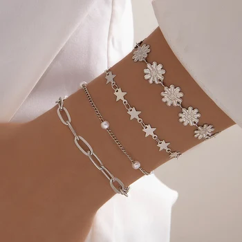 Tocona 4vnt/rinkinys Bohemijos žvaigždžių gėlių apyrankių rinkiniai moterims Girl Fashion White Pearl Party Alloy Metal Bracelet браслет 24510