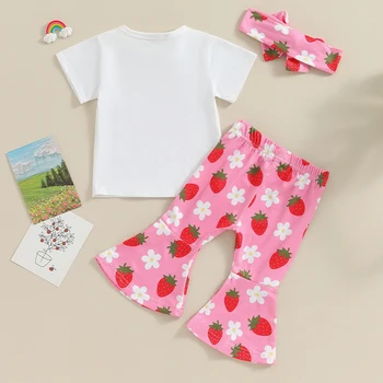 Toddler Baby Girl braškių apranga Trumpomis rankovėmis laiškų spausdinimo marškinėliai su kelnėmis 3Vnt Vasariniai drabužiai