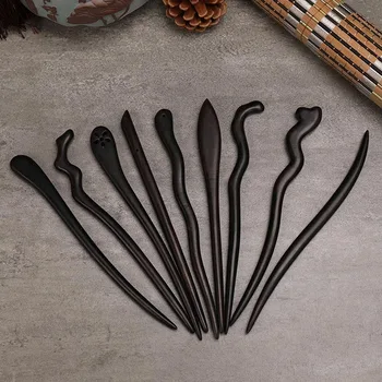 Tradicinės medinės juodos plaukų lazdelės Kiniško stiliaus plaukų segtukai raižyti medžio plaukų šakutės Vintažiniai kotletiniai galvos apdangalai moteriškiems papuošalams