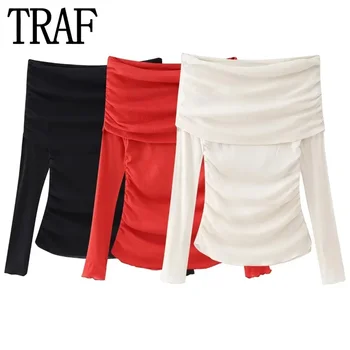 TRAF 2024 Off Shoulder Crop Top Woman Red Black Off White Knit Top Female Ruched Woman T-Shirts Streetwear Palaidinės ilgomis rankovėmis