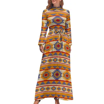 Tribal Print Suknelė ilgomis rankovėmis Southwestern Vintage Maxi suknelė aukštu kaklu Stilinga marginta Bohemijos ilgų suknelių dovana