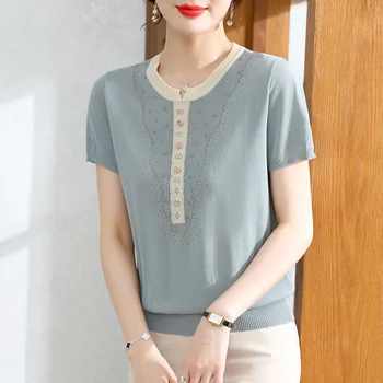 TuangBiang Moterų vasara 2023 Fashion Diamond Cotton Pullovers O-Neck Megzti trumpomis rankovėmis marškinėliai Moteriškos plonos kalnų krištolo viršūnės