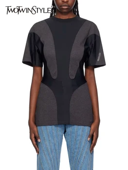 TWOTWINSTYLE Colorblock Liekninami marškinėliai moterims apvaliu kaklu trumpomis rankovėmis Tunika Laisvalaikio minimalistiniai marškinėliai Moteriška mada Nauja