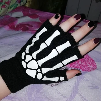 Unisex Adult Halloween Skeleton Skull Half Finger Gloves Glow in the Dark Fingerless Stretch Knitted Keep Warm Winter Kumštinės pirštinės